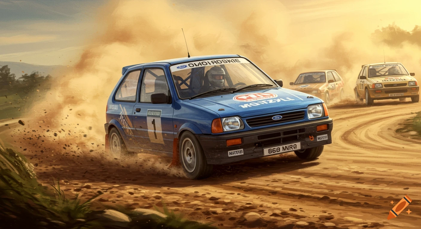 A blue Ford rally car kicks up a cloud of dirt on a winding track, with two other cars following in the dusty background. Digital painting.