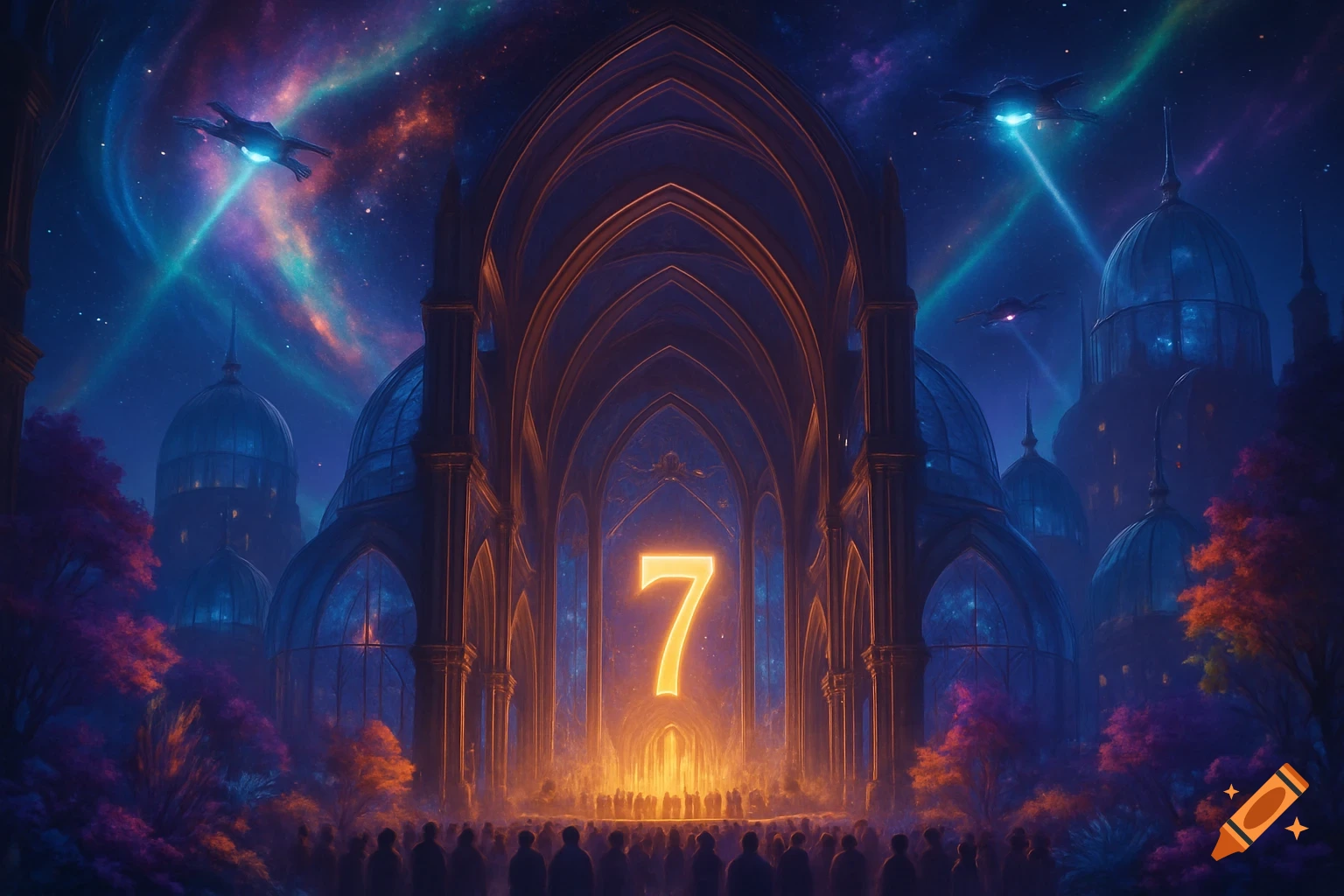 A glowing number 7 in a grand, futuristic cathedral archway, surrounded by a space city, spaceships, and a crowd under an aurora sky.