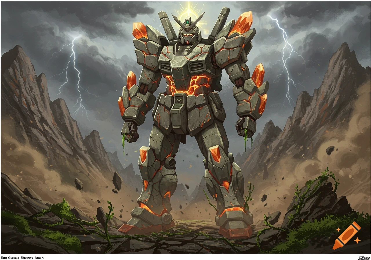 A large stone and lava-covered mecha (Gundam) stands in a desolate, stormy rocky landscape with lightning in the sky.