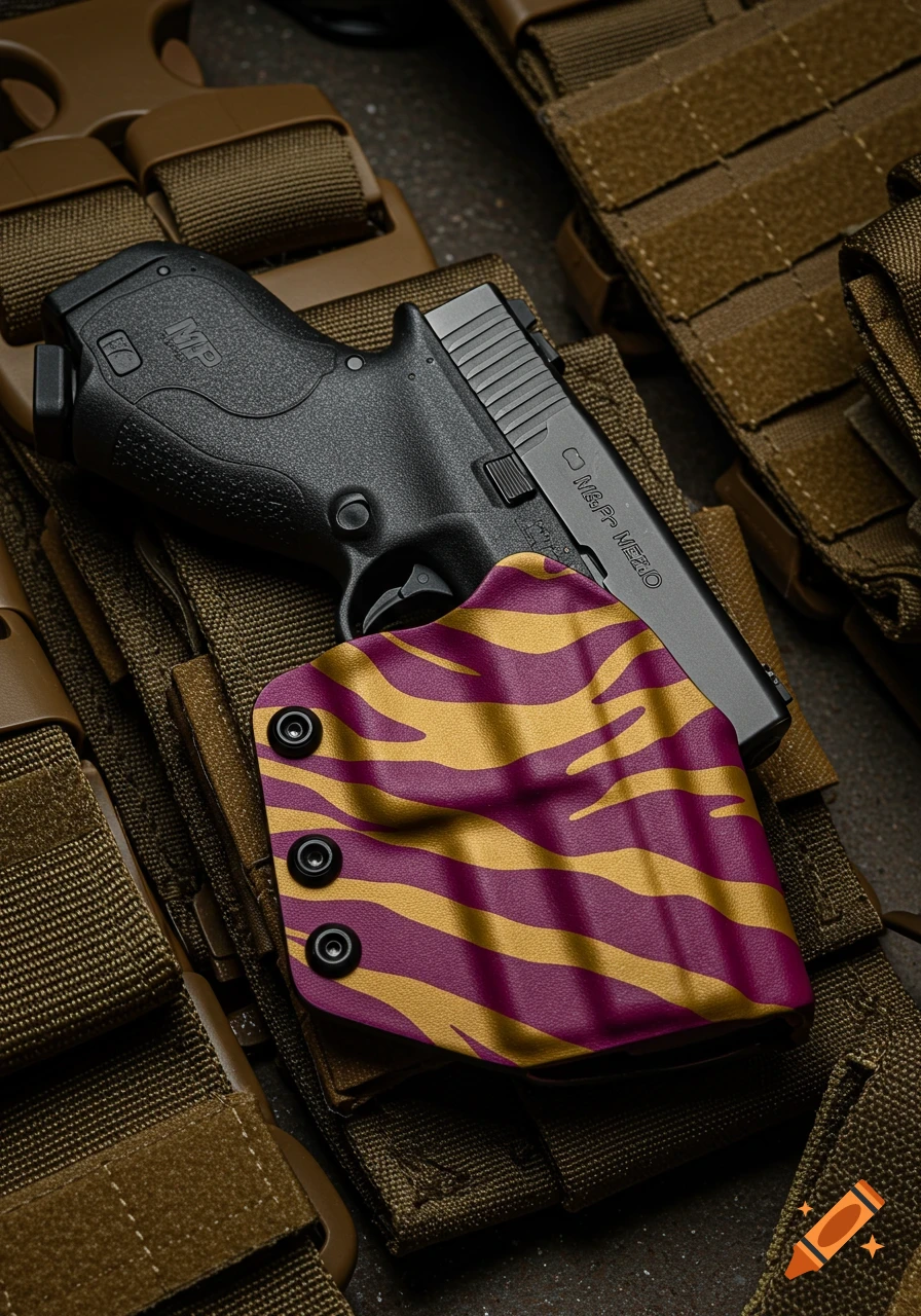 Close-up of a black pistol in a purple and gold tiger stripe holster, resting on brown tactical webbing.