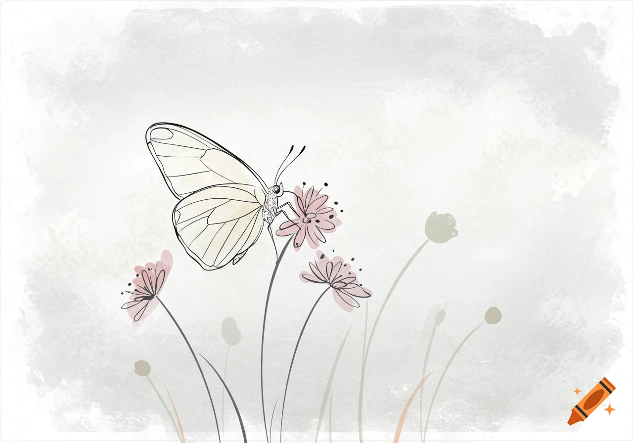 A minimalist line art illustration of a pale butterfly resting on a pink flower, with other flowers and a textured light grey background.