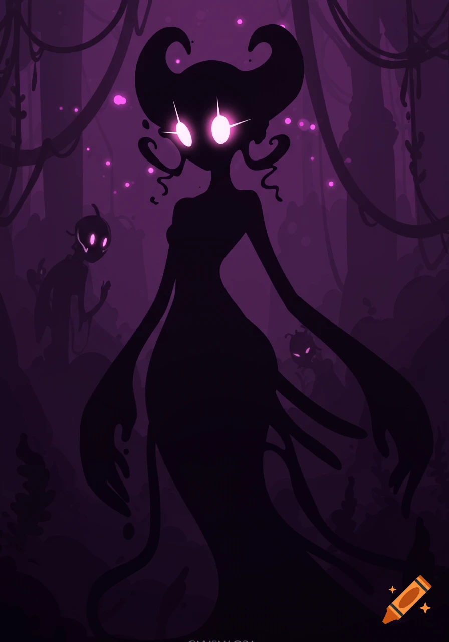 A tall, shadowy female figure with glowing pink eyes and horns stands in a dark, purple forest with smaller shadowy creatures, stylized illustration.