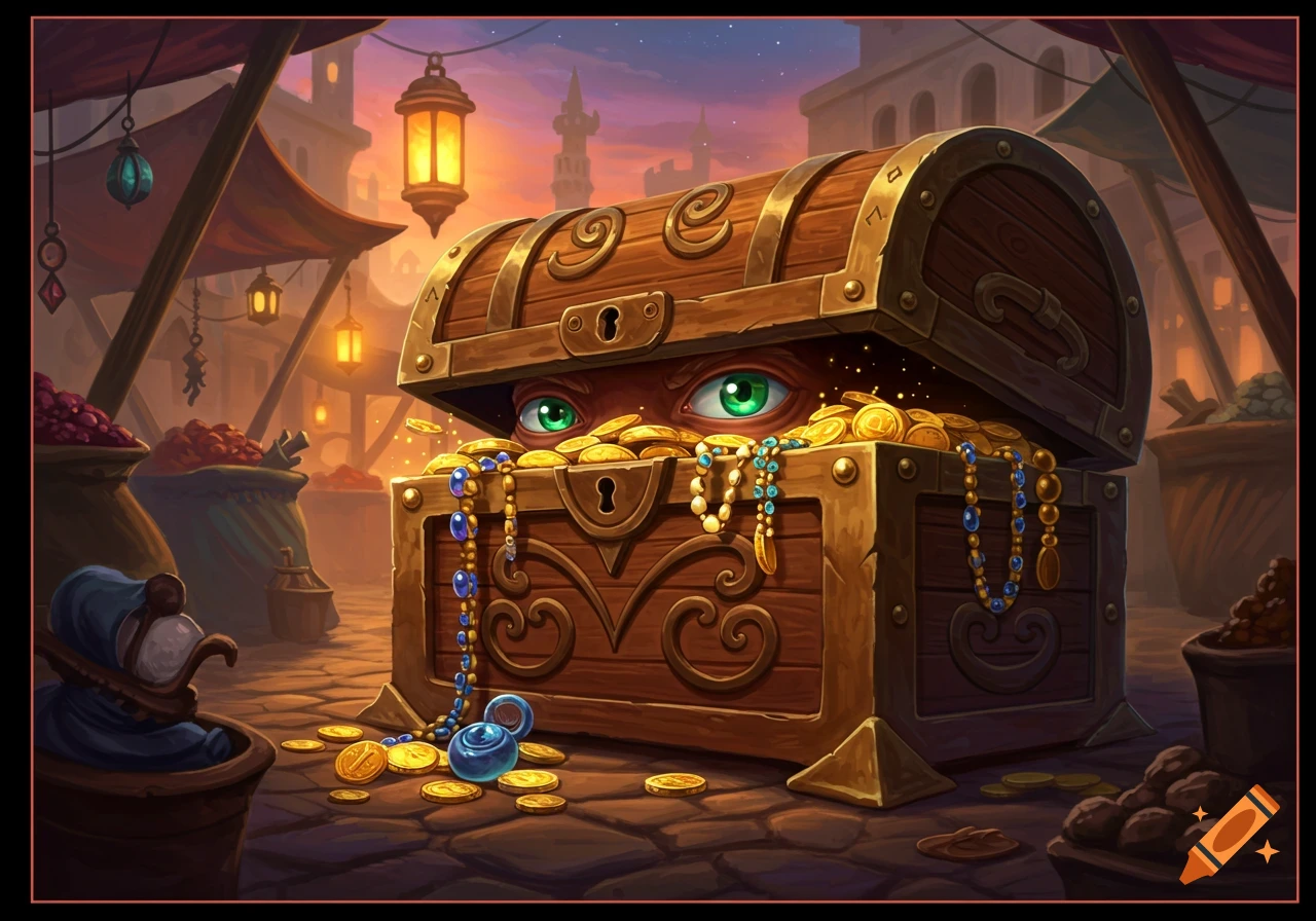 A fantasy mimic chest with glowing green eyes, overflowing with gold coins and blue jewels, in a vibrant market at sunset.