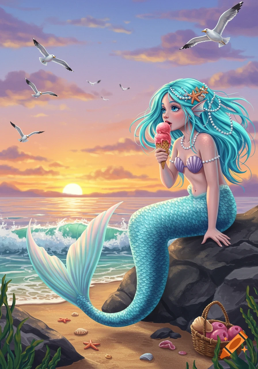 A digital art illustration of a blue-haired mermaid eating ice cream on a beach rock at sunset, with seagulls flying.