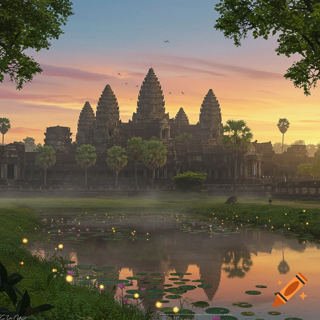 Magical Angkor Wat at sunrise, reflected in a misty lake with glowing lily pads, framed by trees, in Studio Ghibli style.