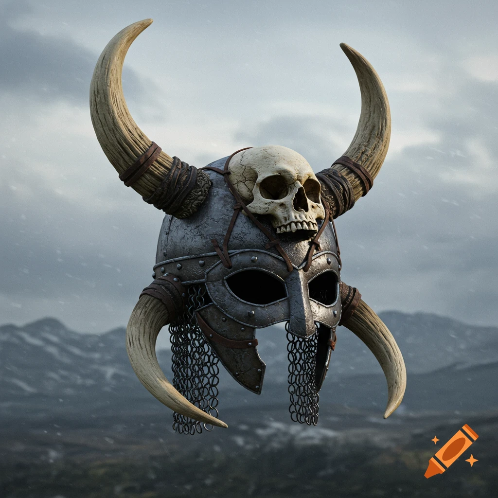 A detailed, weathered viking helmet with large curved horns and a human skull tied to its crown, set against a blurry mountain landscape.
