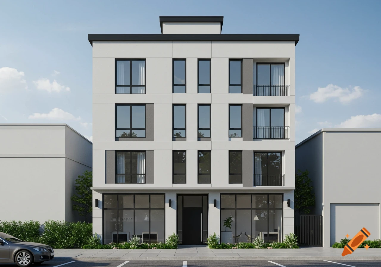 A photorealistic architectural render of a modern white building with black-framed windows, ground-floor shops, and a parking area.