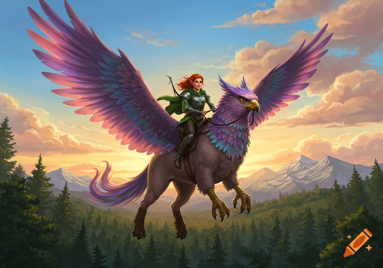 A red-haired female ranger in armor rides a purple-winged hippogriff flying over a forest and mountains at sunset.
