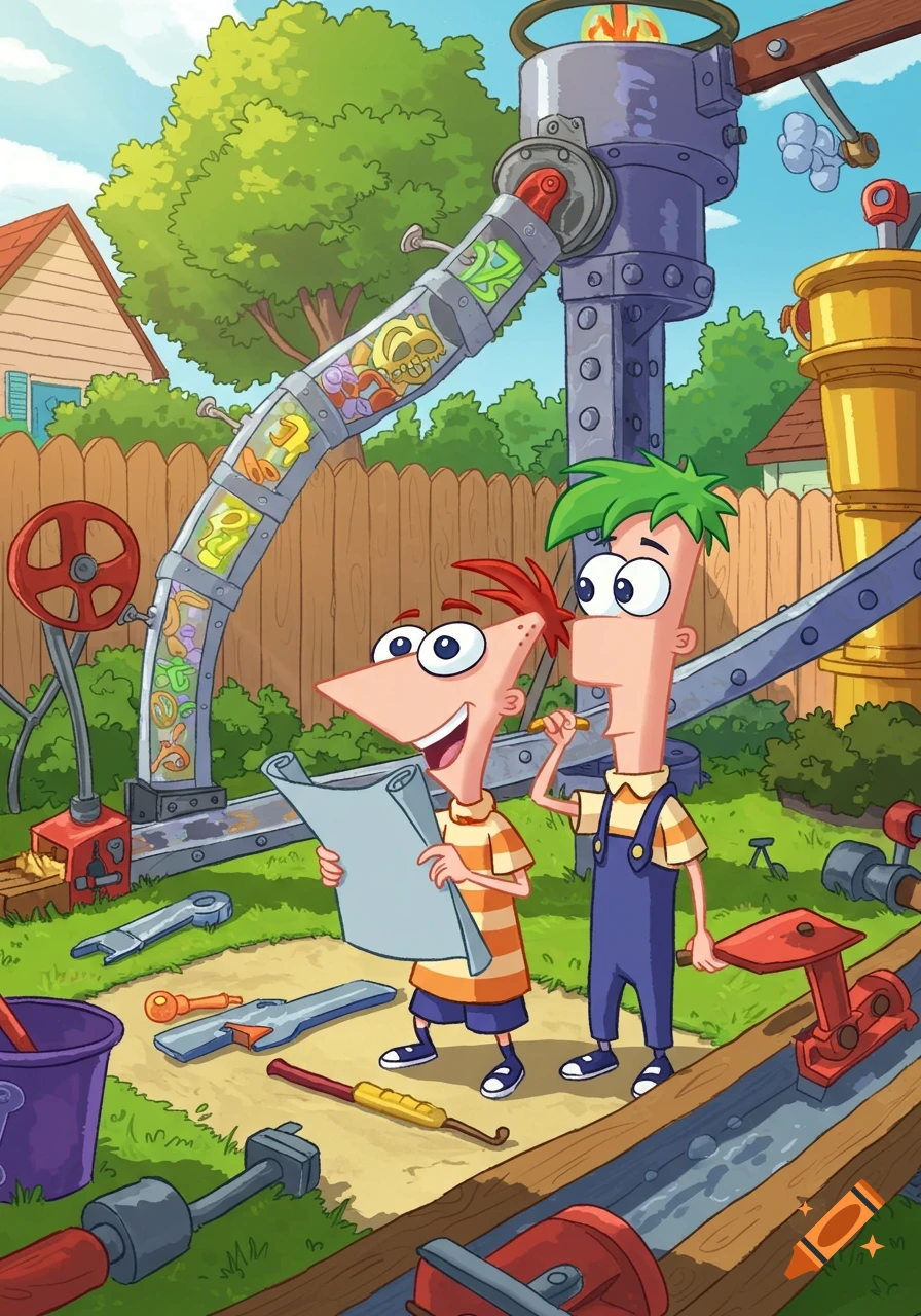 Phineas and Ferb building a large contraption in their backyard, Phineas holding blueprints, in a vibrant cartoon style.