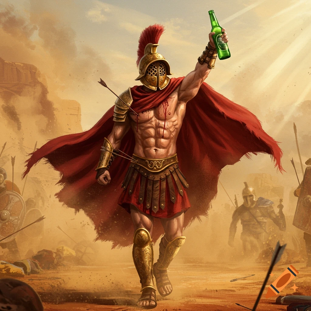 A muscular gladiator with arrows in his body and blood on his chest stands on a desert battlefield, raising a green beer bottle like a weapon.