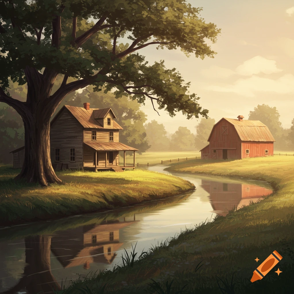 A painted rural landscape with a rustic farmhouse and red barn beside a winding river, under a large tree.