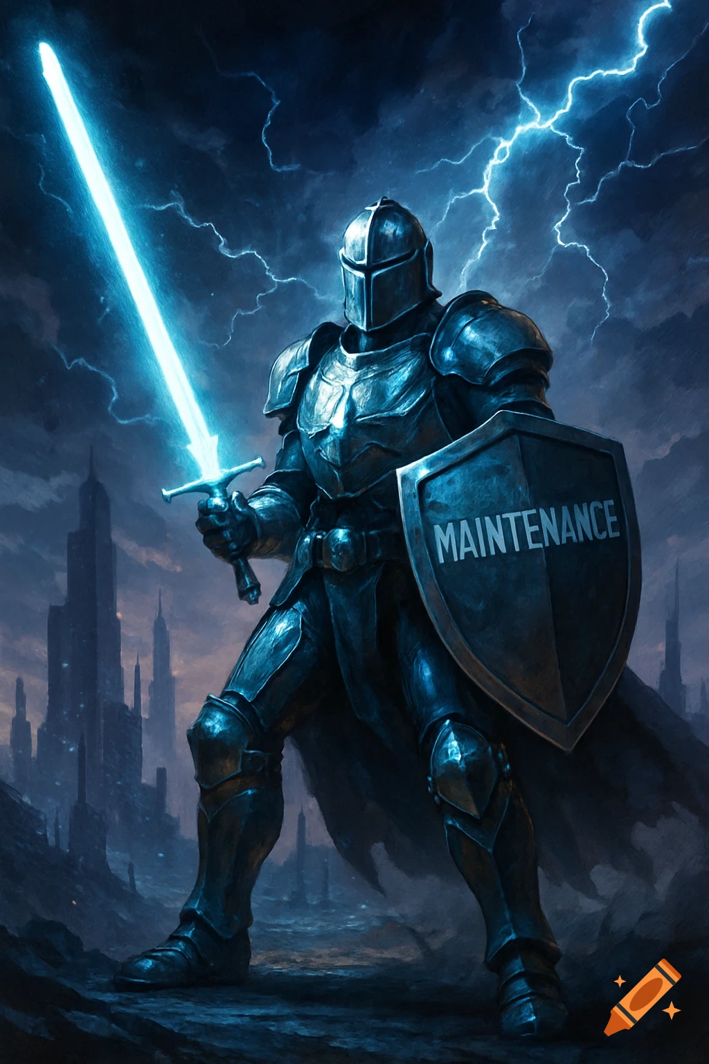 A knight in dark armor wields a glowing blue laser sword and a shield with "MAINTENANCE" against a stormy, lightning-filled sky above a dark city.
