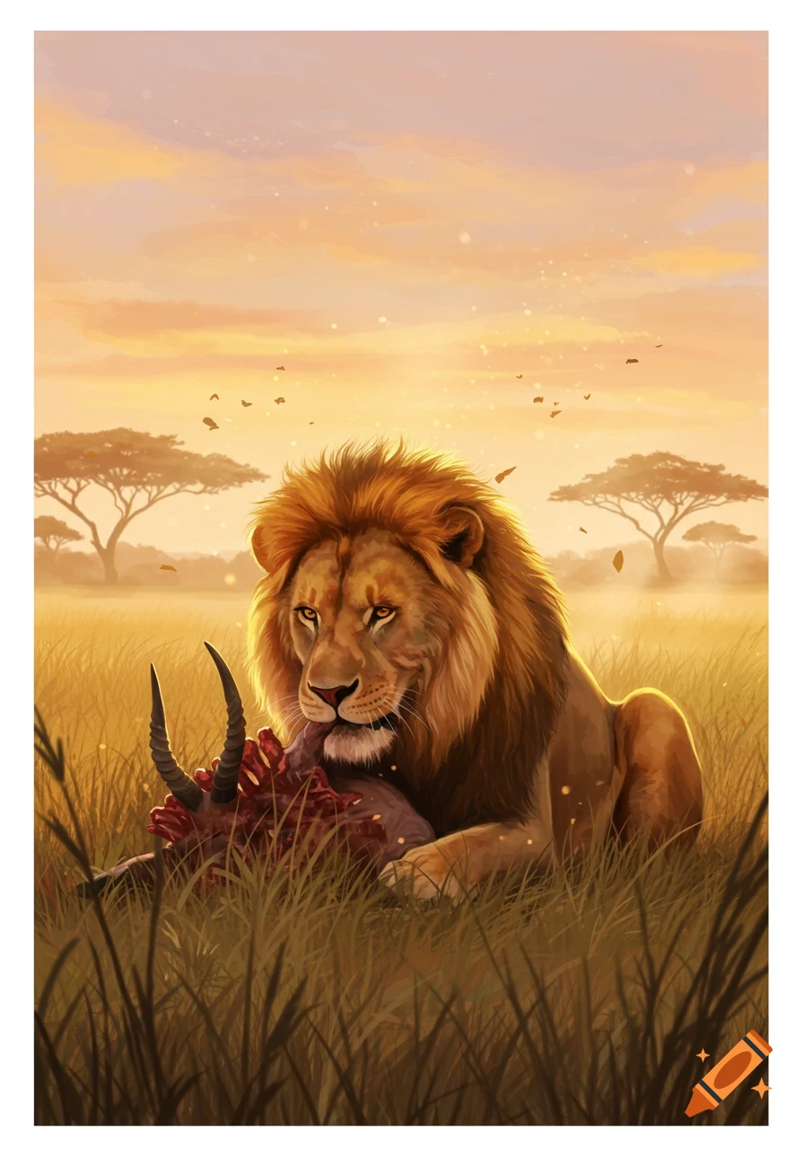 A majestic lion, with a golden mane, eats its prey in a sunlit savanna with acacia trees at sunset, in an illustration.