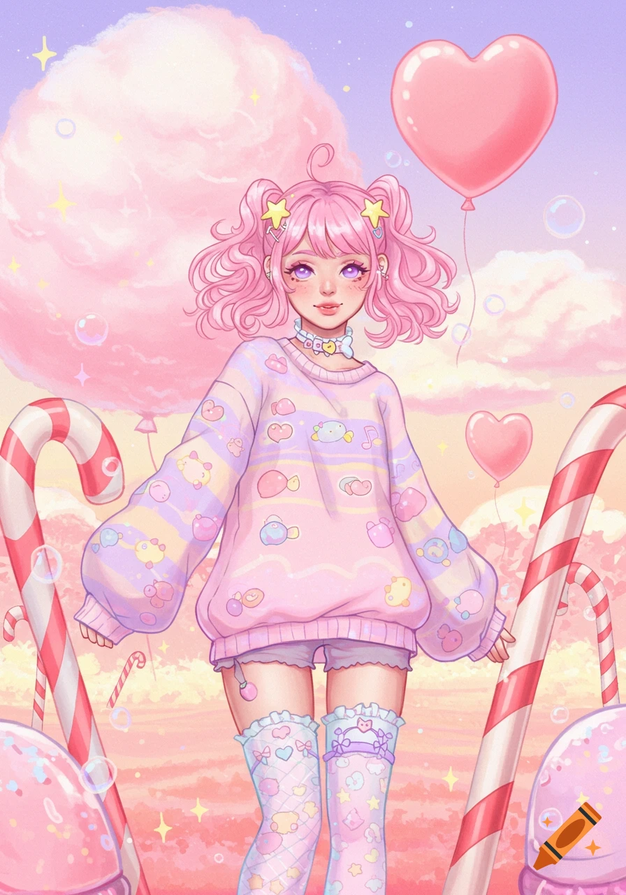 Pink-haired girl in a pastel sweater and shorts stands in a whimsical candy land with giant candy canes and heart balloons, anime style.