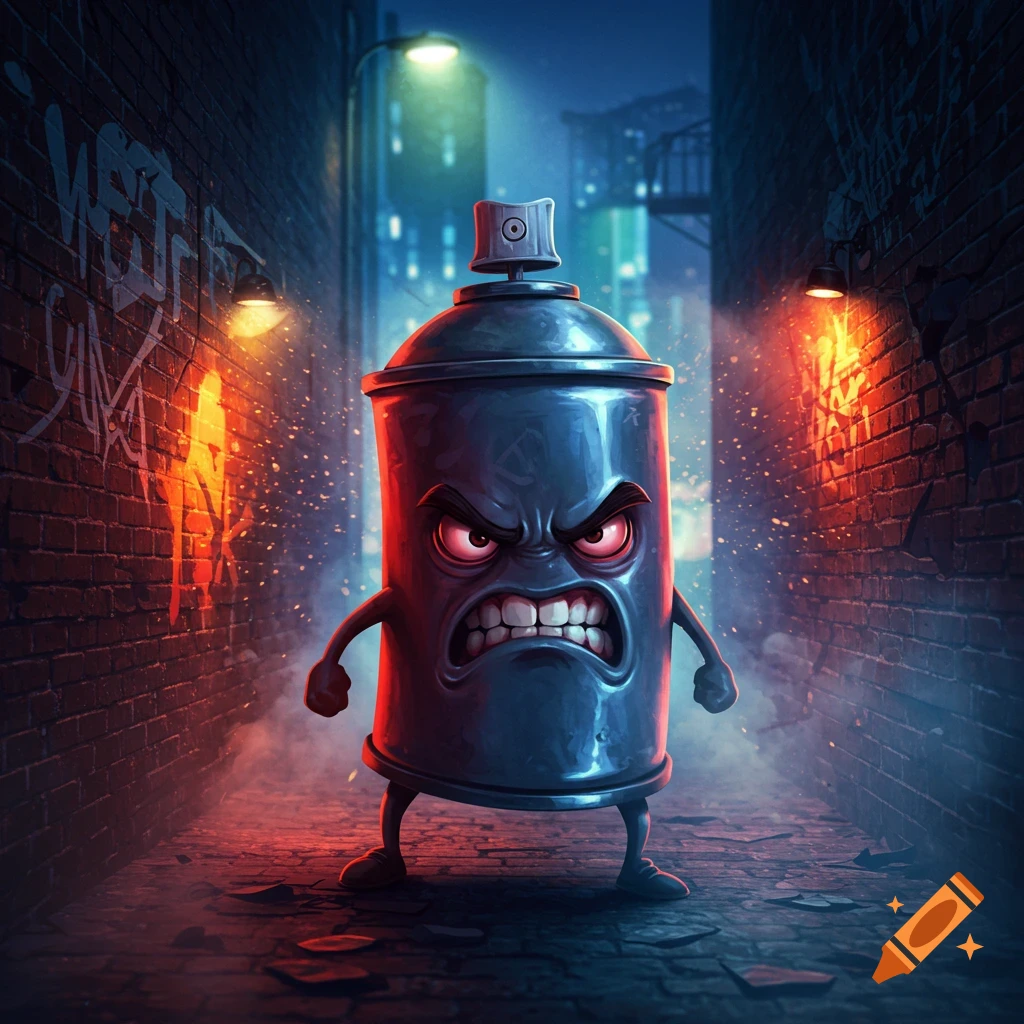 An angry cartoon spray paint can with glowing red eyes stands in a dark, graffiti-covered alleyway with dramatic lighting.