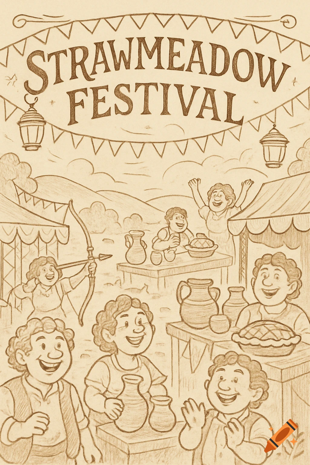 A sepia-toned illustration of the Strawmeadow Festival with happy people, market stalls, and a banner.