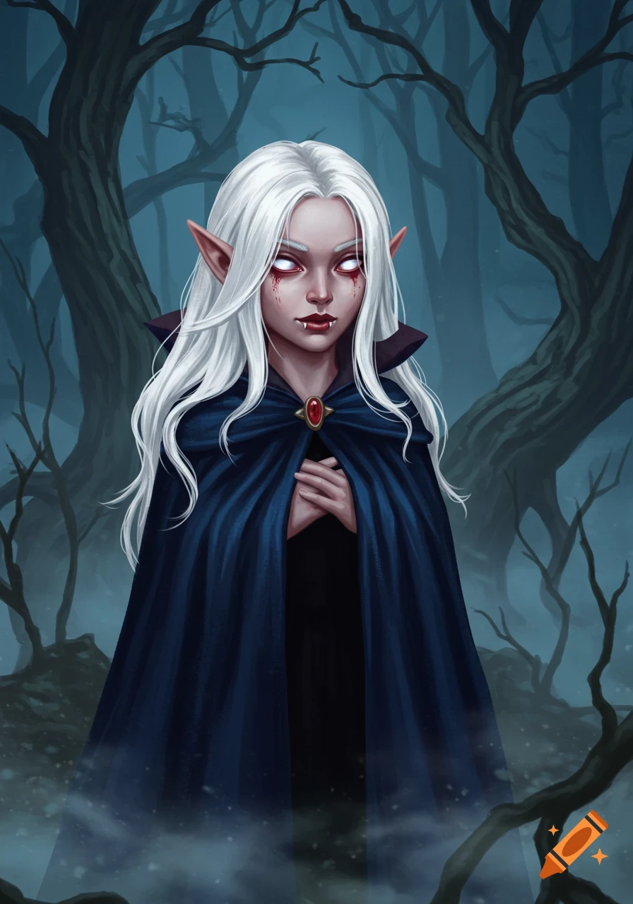 Portrait of a white-haired female vampire with fangs, glowing red eyes, and blood tears, wearing a dark blue cape, in a misty forest.