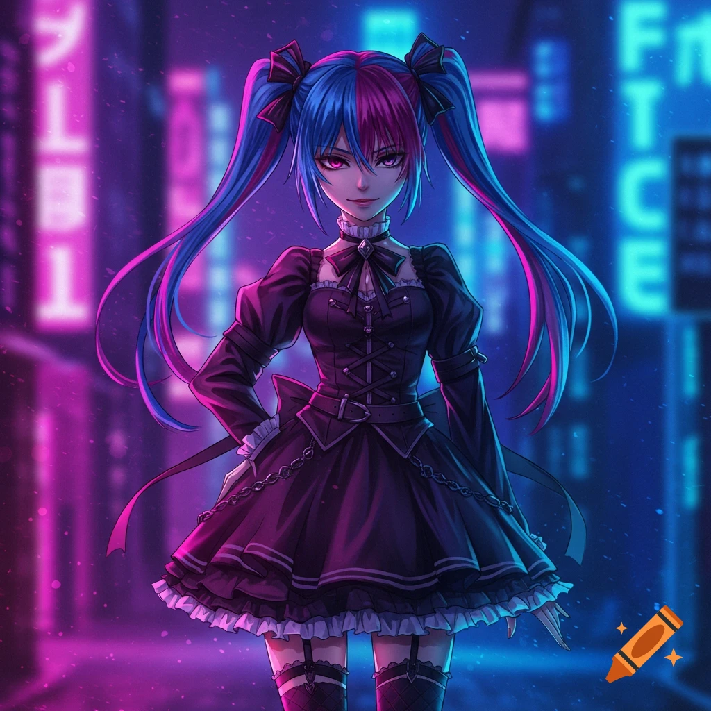 An anime girl with split blue and pink pigtails, wearing a black gothic dress and stockings, stands in a neon-lit cyberpunk city at night.