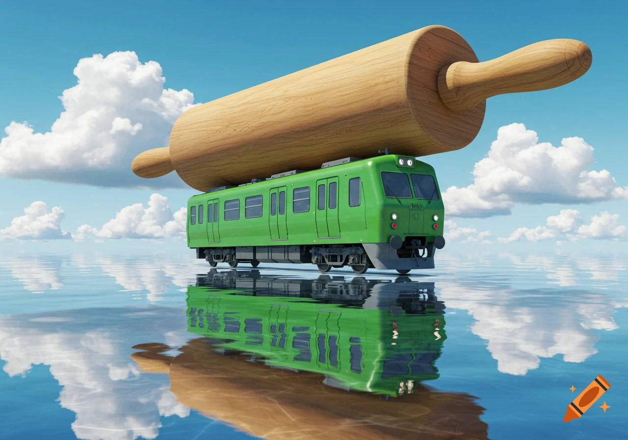 A whimsical image of a green train with a giant rolling pin on its roof, floating on reflective water under a clear blue sky.
