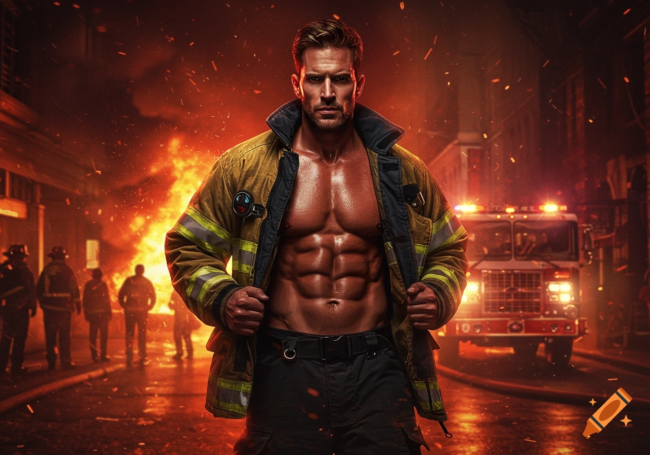 A muscular firefighter with an open jacket stands dramatically in a burning street with a fire truck in the background.