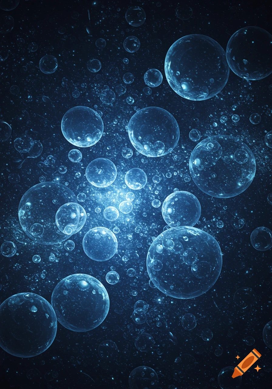 Abstract blue fractal with numerous translucent bubbles of varying sizes against a dark background, with a central glow.