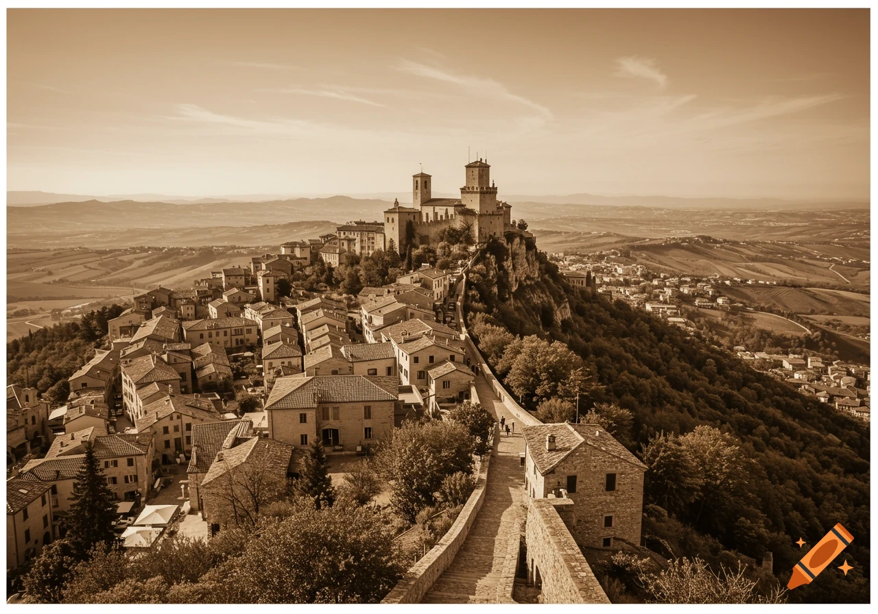 Sepia-toned view of San Marino, showing the castle atop a rocky peak, surrounded by historic buildings and a winding path, with distant hills.