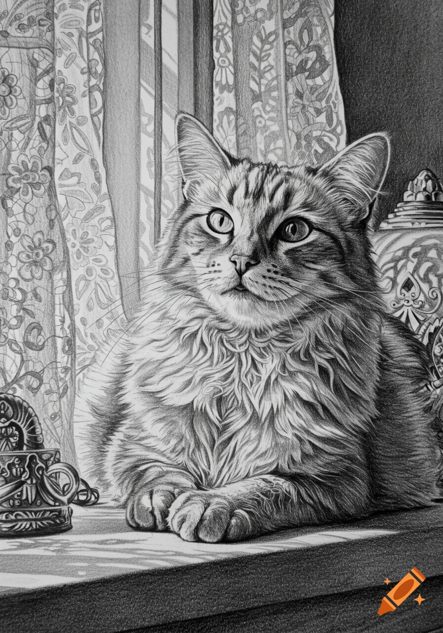 Highly detailed pencil drawing of a fluffy cat with striped fur, sitting regally in front of patterned curtains.