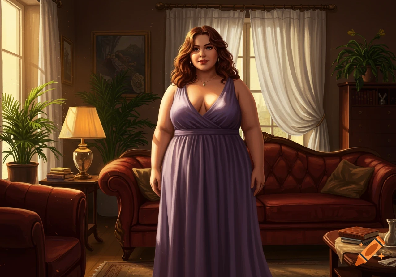 A plus-size woman with auburn hair in a purple V-neck dress stands in a warmly lit living room.