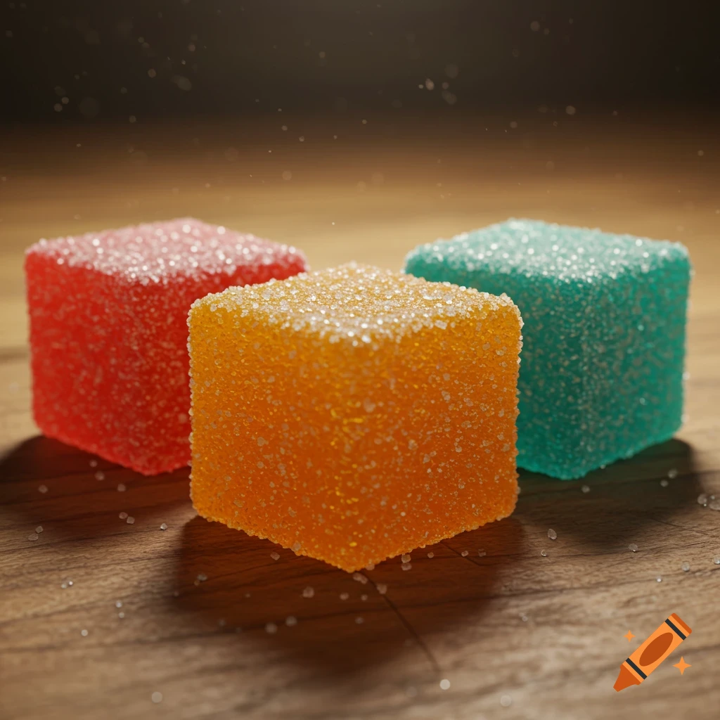 Three colorful sugar-dusted gummy cubes in red, orange, and teal on a wooden surface, with sugar crystals scattered around.