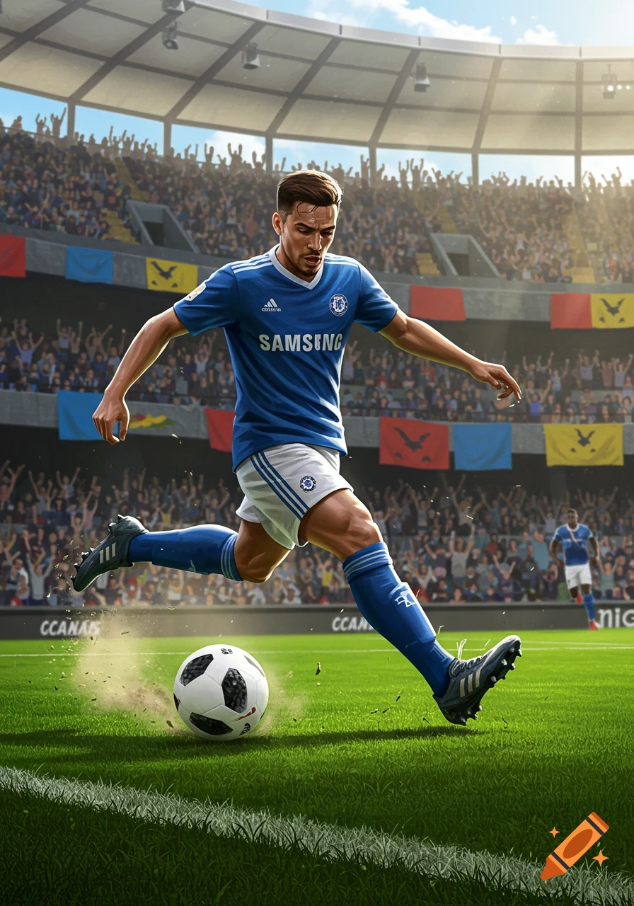 Photorealistic image of a male soccer player in a blue uniform kicking a ball on a green field in a stadium.