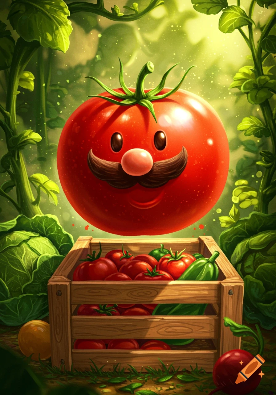 A cartoon Mario-faced tomato floats above a wooden crate filled with vegetables in a vibrant garden setting.