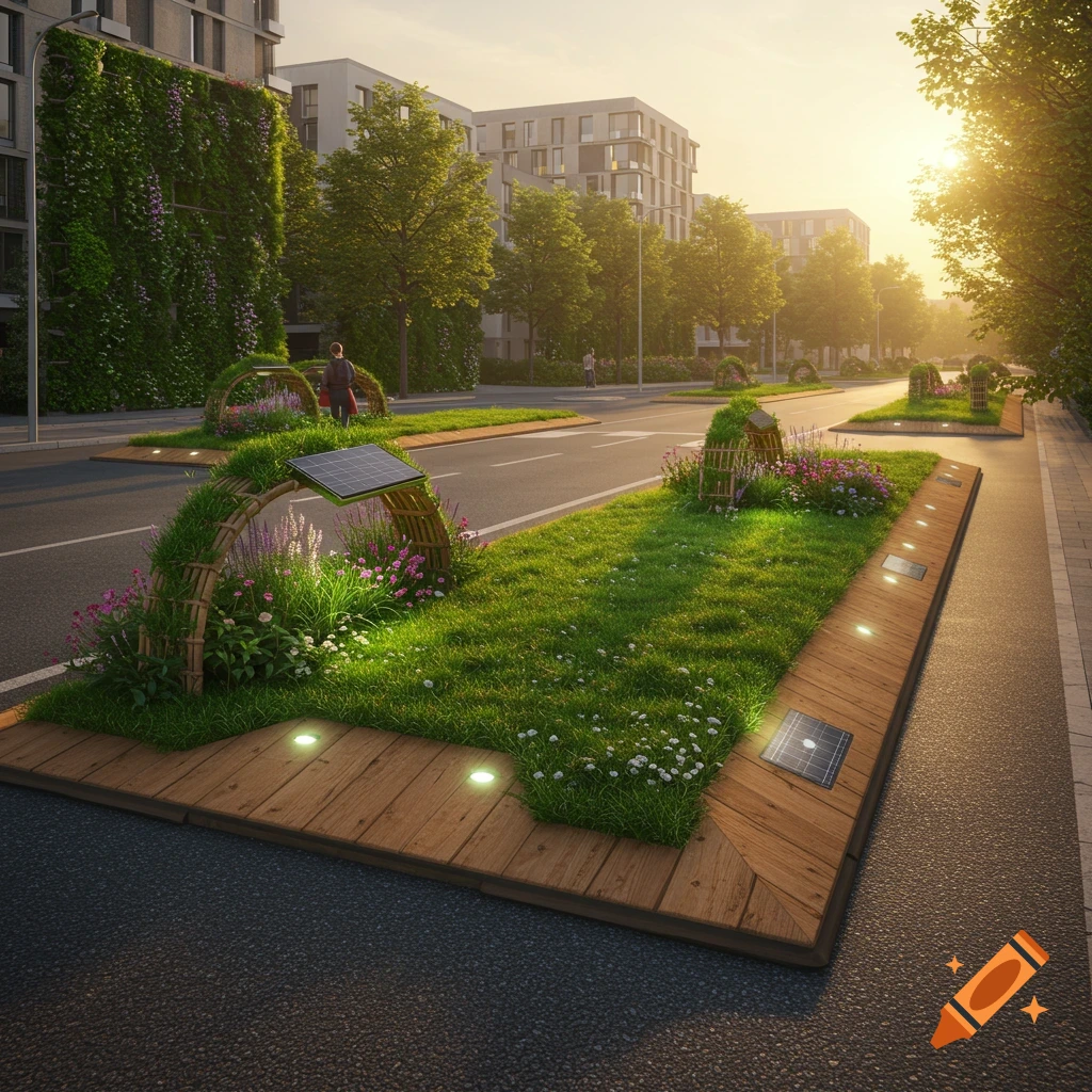 Photorealistic view of an eco-friendly urban street with a green median, flowers, wooden arches, solar panels, and modern buildings under golden hour sunlight.