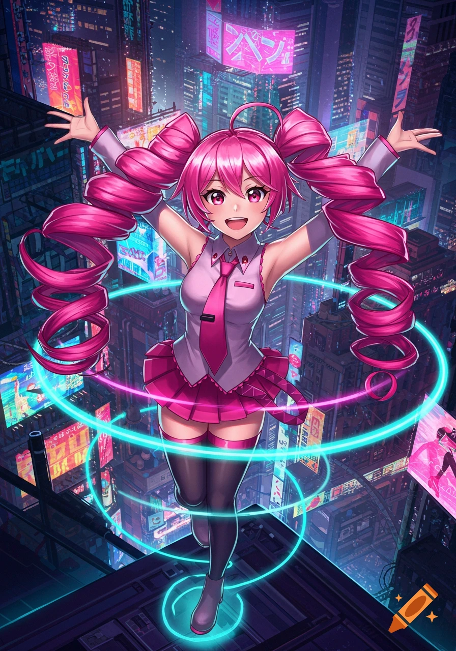 An anime character with long pink pigtails, white shirt, pink skirt, and thigh-highs stands amidst neon signs in a cyberpunk city at night.