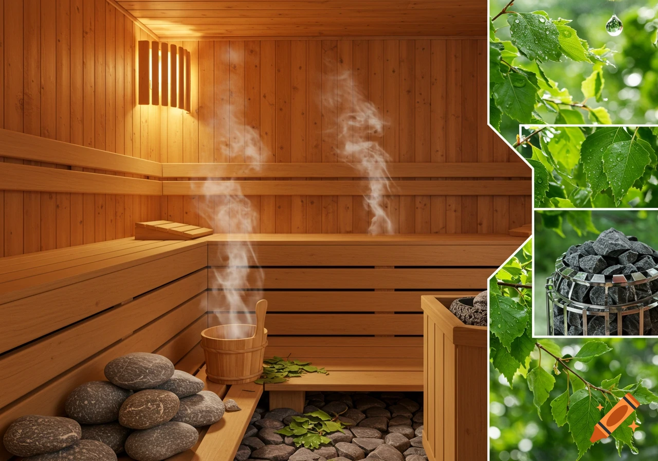 Collage showing a steamy wooden sauna interior with stones and leaves, paired with close-ups of wet green leaves and a sauna stove.