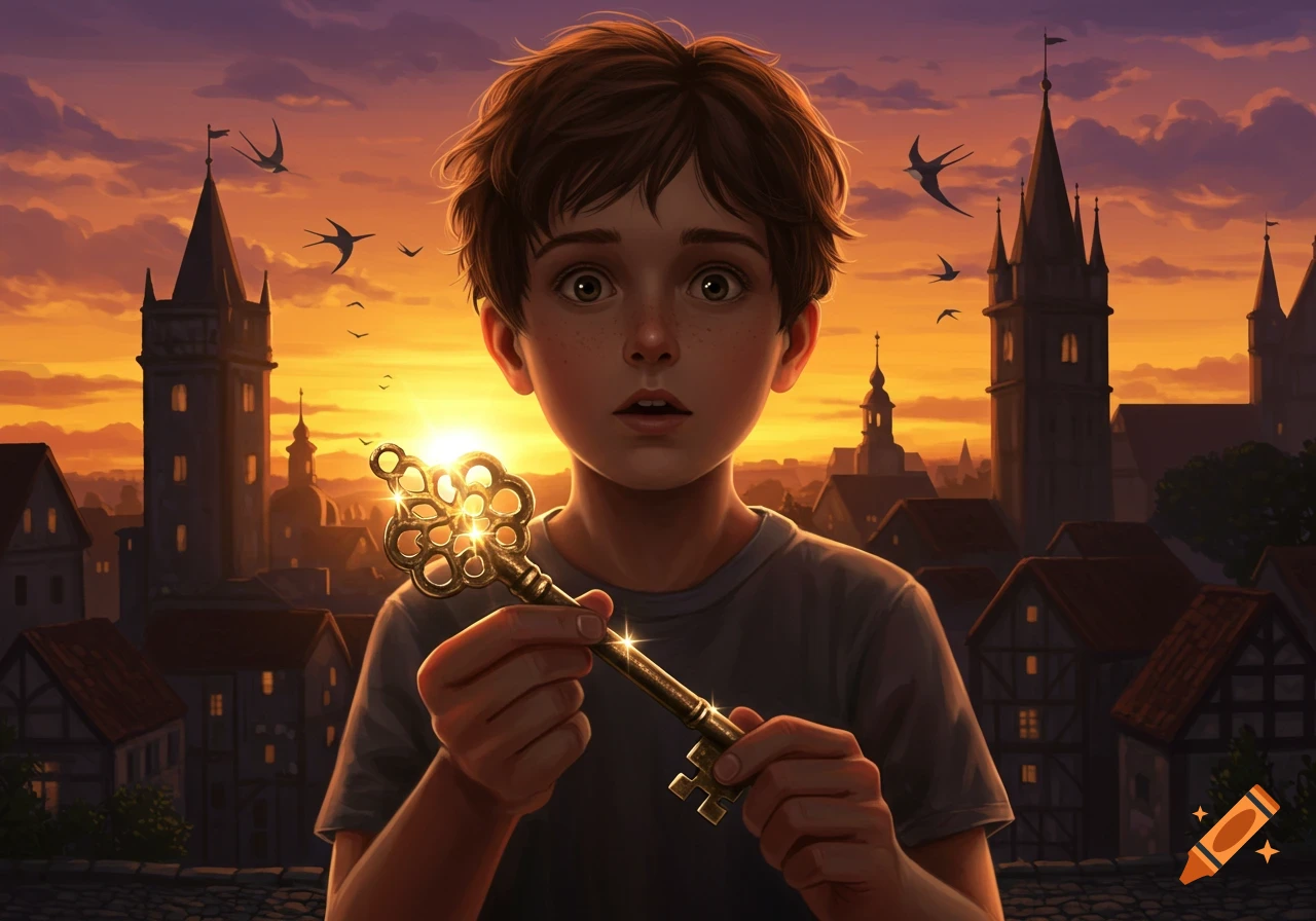 A young boy holds a glowing, ornate key against a vibrant sunset sky over an old European city, digital painting.