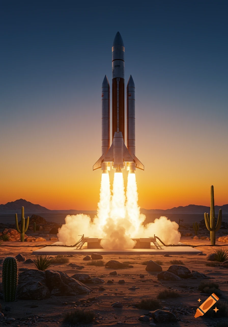 A large rocket launches from a desert launchpad at sunset, with saguaro cacti visible.