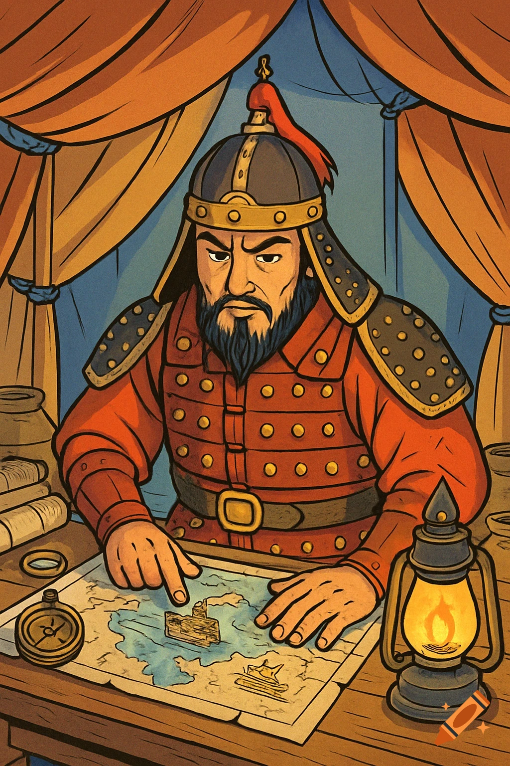 Cartoon illustration of a bearded man in red armor studying a naval map in a tent, with an oil lamp and scrolls.