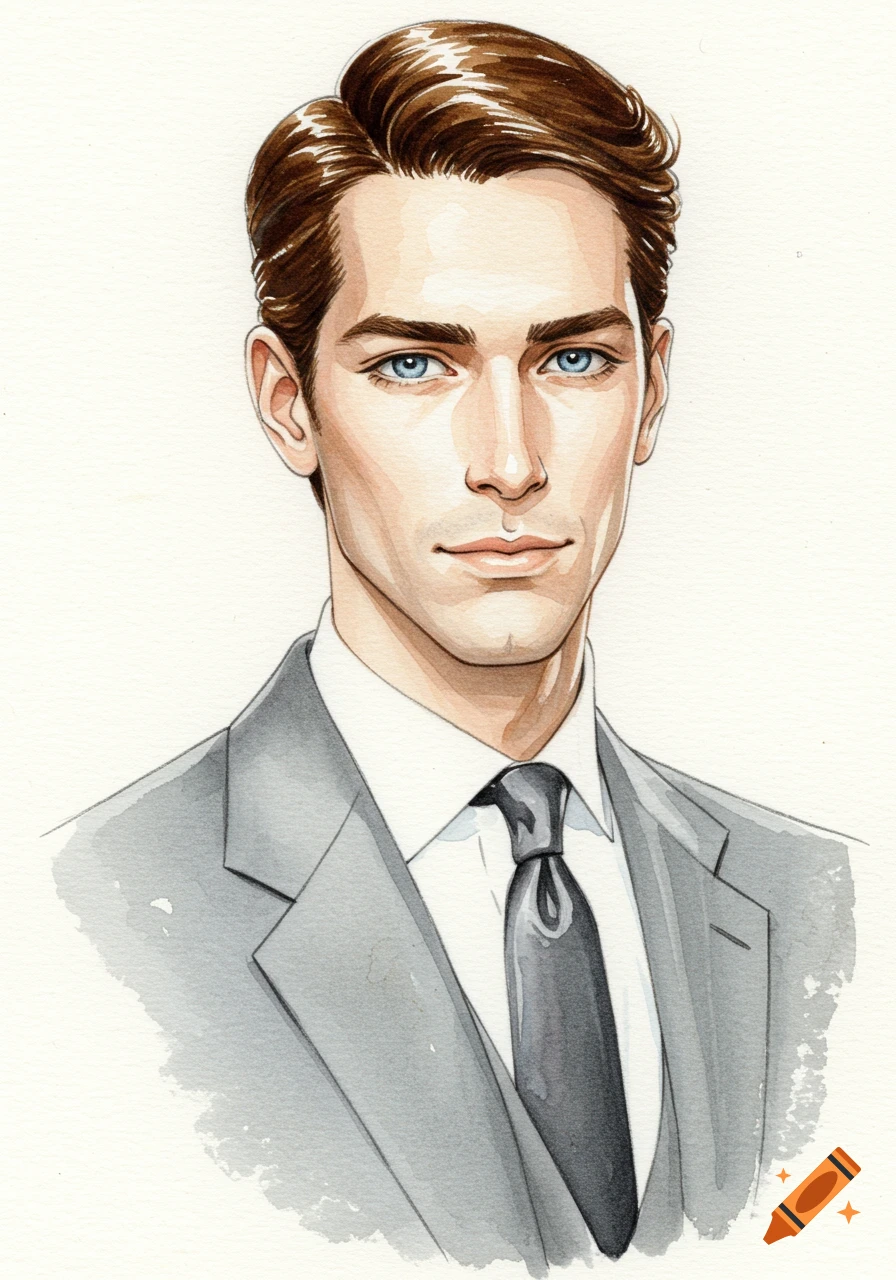 Watercolor portrait of a man with brown hair and blue eyes, wearing a gray suit and tie, against a white background.