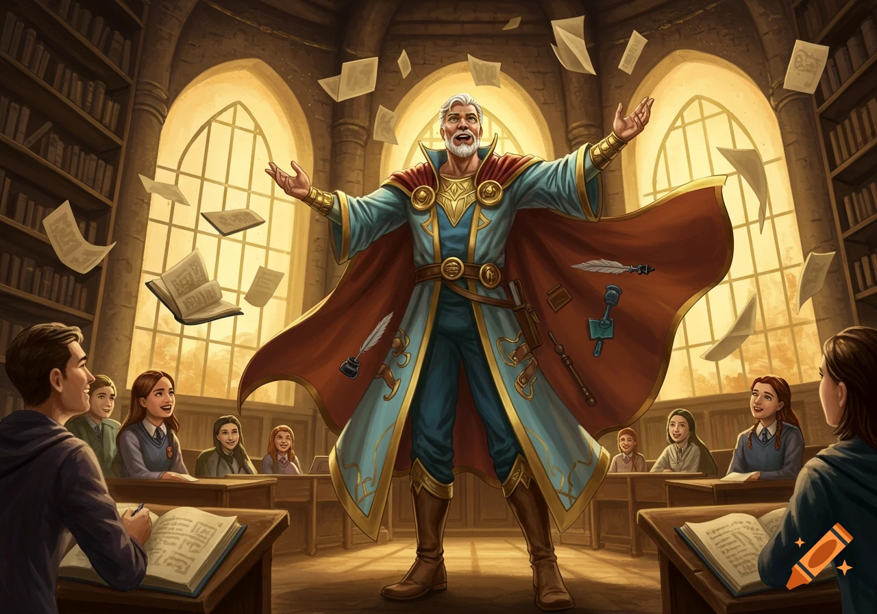 A magical teacher in a vibrant cloak addresses students in a grand library, with books and papers floating around them.