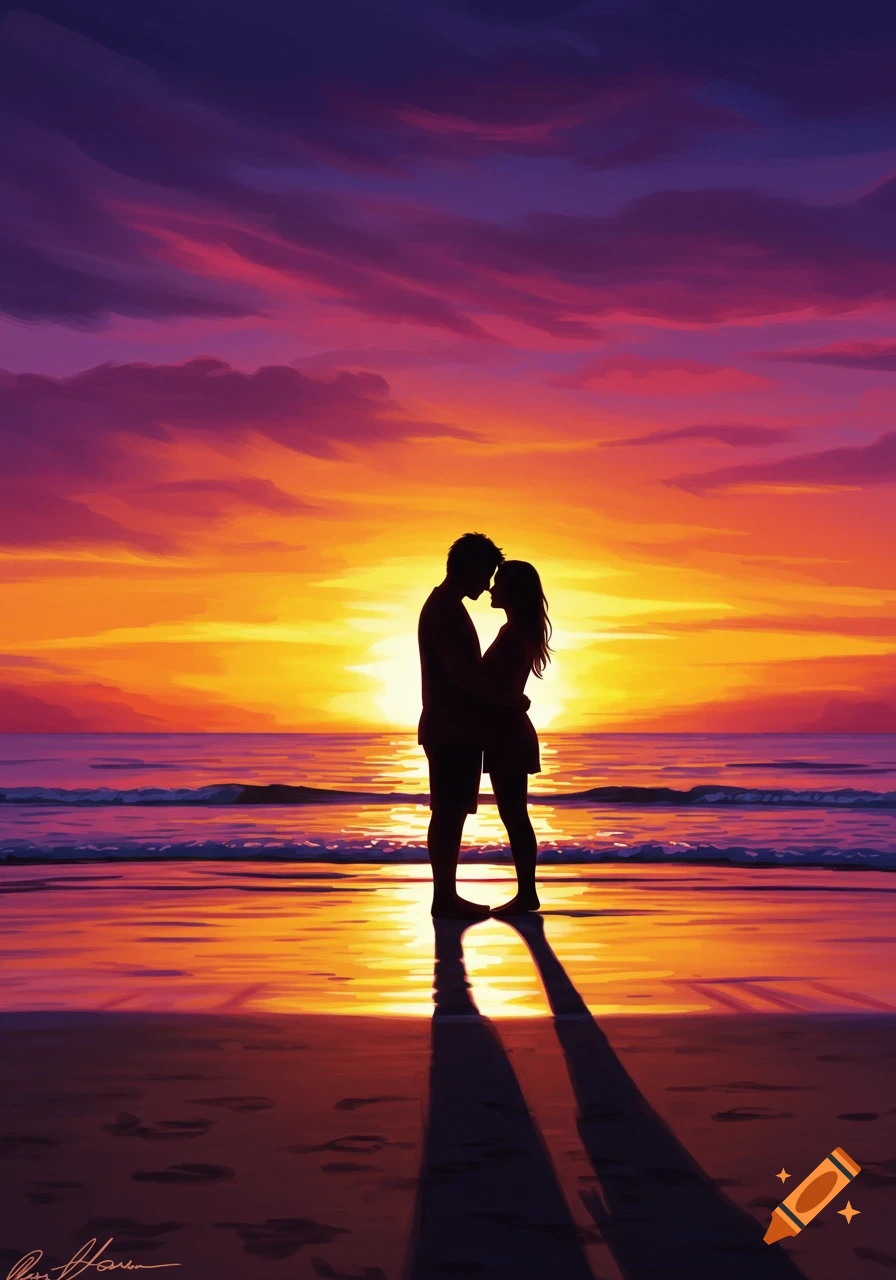 A silhouetted couple embraces on a vibrant beach at sunset, with purple and orange skies reflecting on the wet sand.