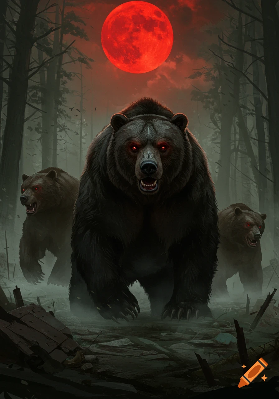 Three fierce bears with glowing red eyes emerge from a dark, misty forest under a blood-red moon, in a dark fantasy art style.