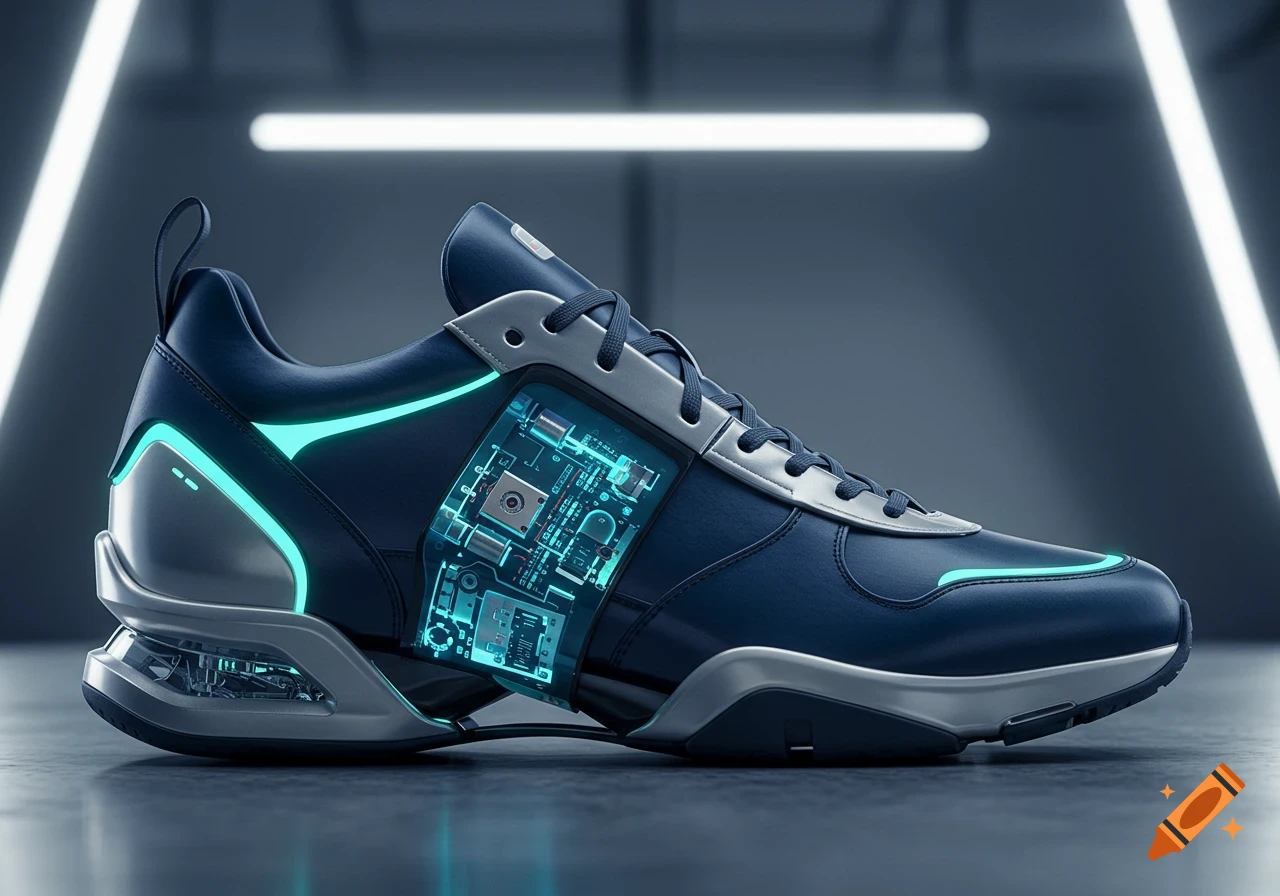 Futuristic dark blue and silver sneaker with glowing aqua accents and visible electronic circuitry on a dark floor.