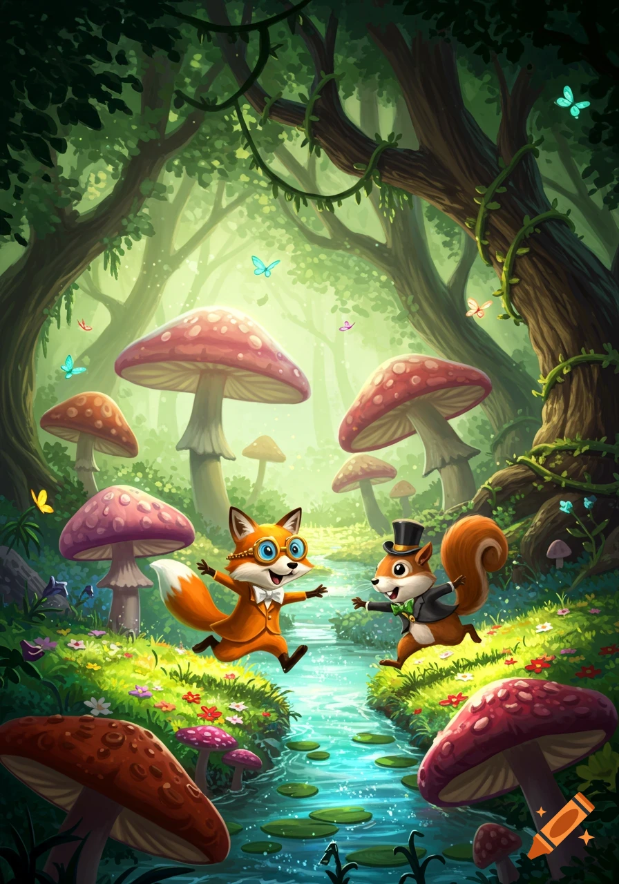 Whimsical cartoon illustration of a dapper fox and squirrel running in a magical forest with giant mushrooms and a stream.
