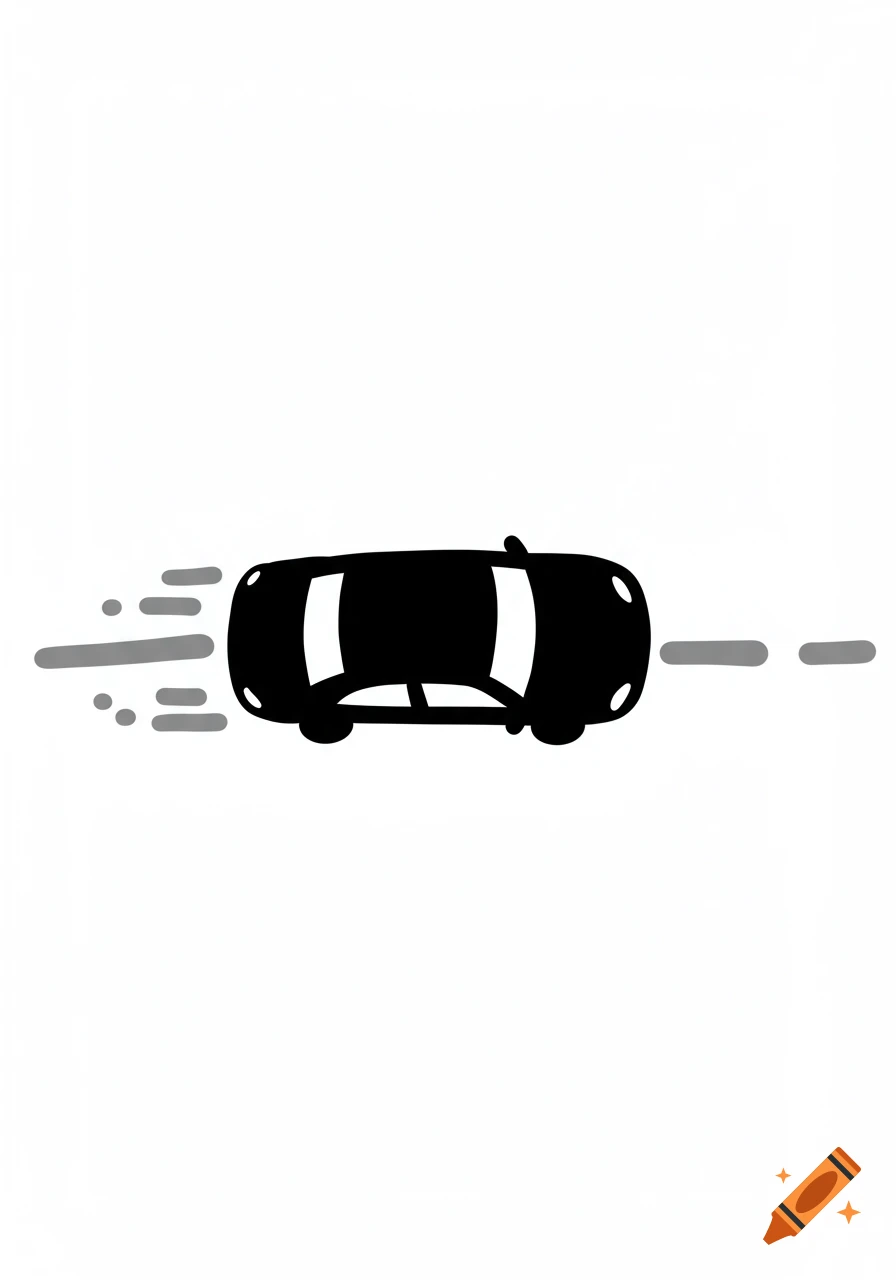 Minimalist black line art illustration of a car viewed from above, on a gray dashed road, against a white background.