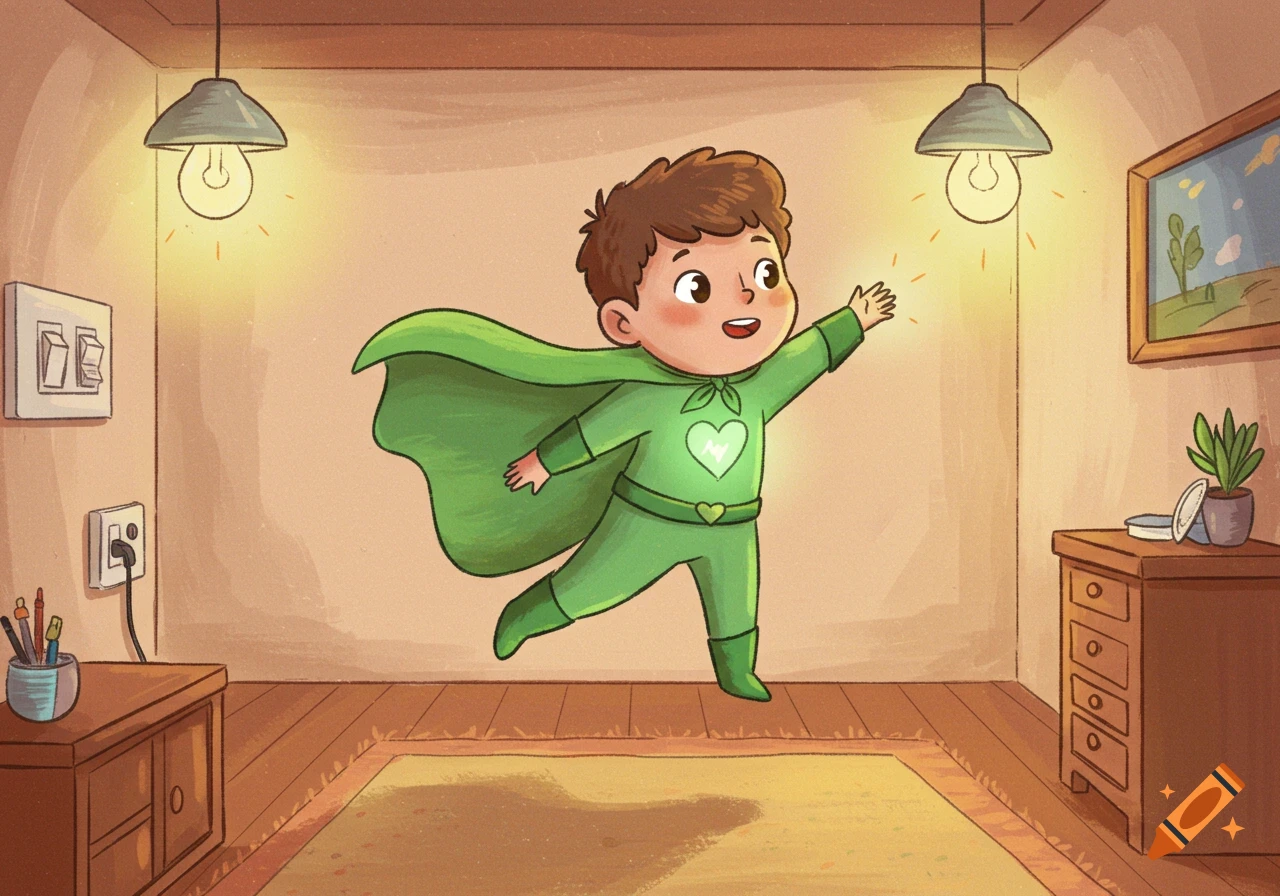 A cute cartoon superhero boy in a green cape and glowing heart reaches to turn off lights in a cozy room, saving energy.