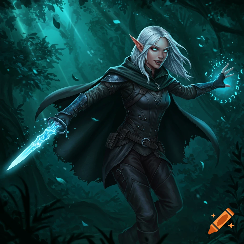A white-haired female elf rogue in dark leather armor holds a glowing blue rapier and casts magic in a mystical, teal-lit forest.
