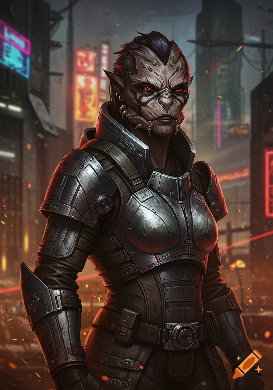 A female krogan mercenary in sci-fi armor with red eyes and tribal face paint stands in a cyberpunk city.