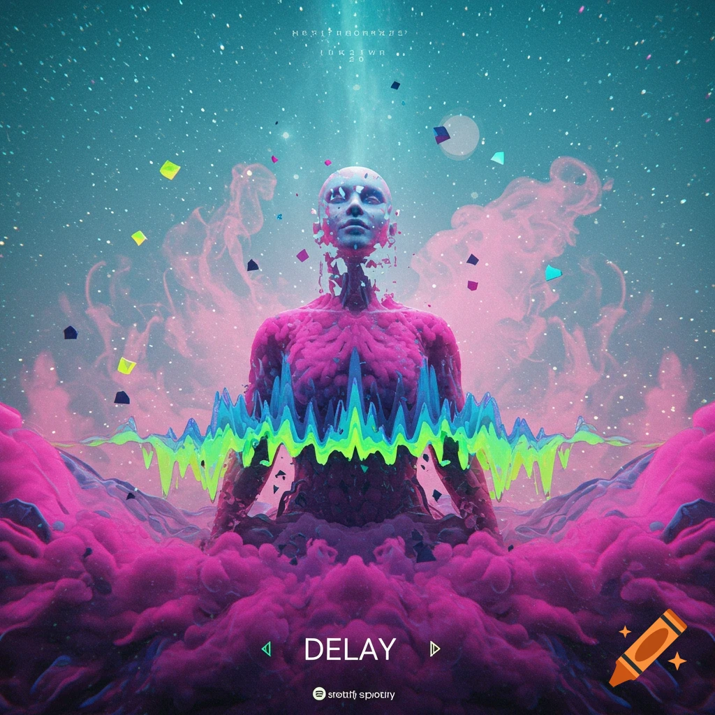 A psychedelic album cover featuring a pink and blue stylized human figure emerging from pink clouds, with a sound wave across its chest, under a starry sky.