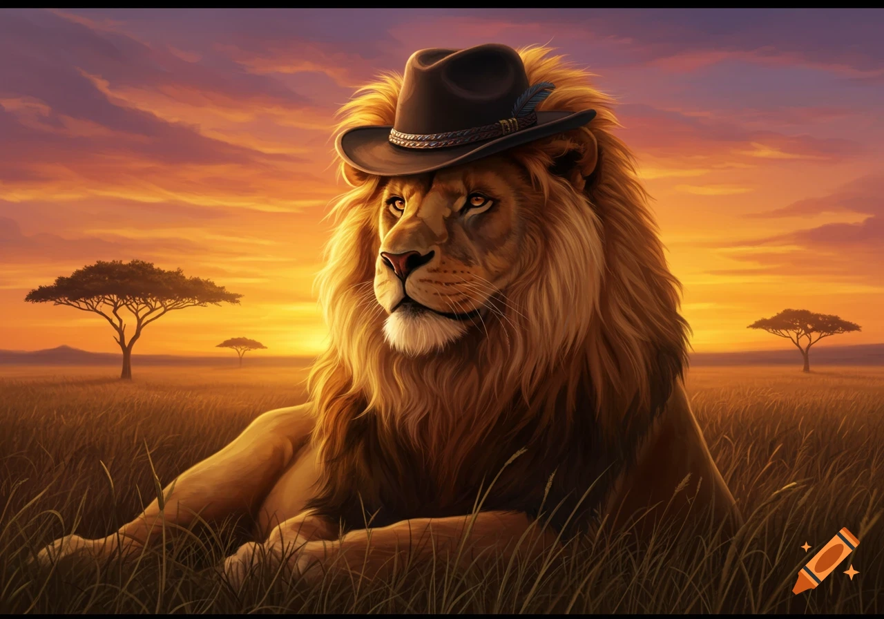 A majestic lion wearing a brown fedora with a feather, resting in a golden savanna at sunset with acacia trees.
