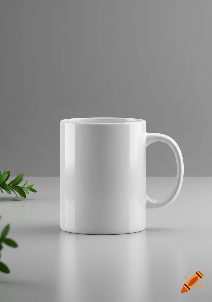 A pristine white ceramic mug sits on a light grey surface with soft shadows and green leaves, against a plain grey background.